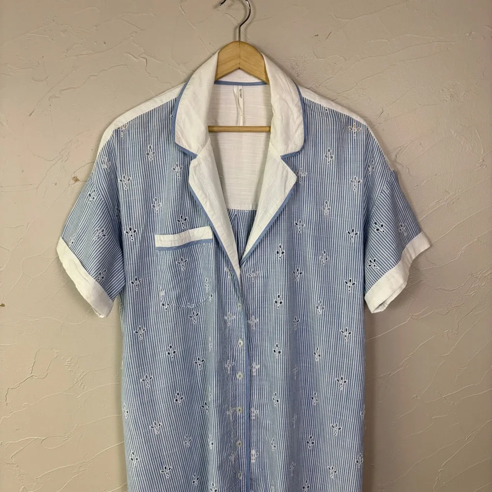 Anthropologie Eyelet Striped Midi Shirtdress Women L Blue White Coastal Cottage